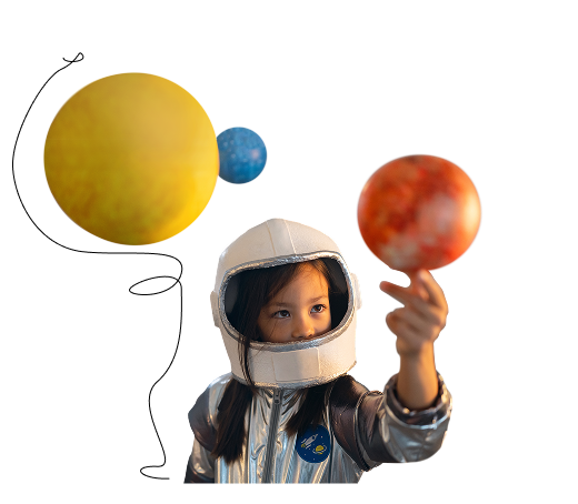 Young girl dressing up as an astronaut and holding a figure of a planet